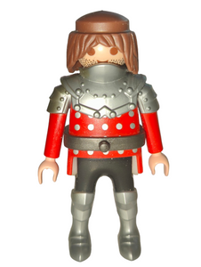 Playmobil 6381 Hawk Knight, long brown hair, red/silver/black armour, red tunic with studs