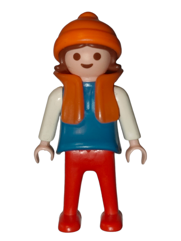 Playmobil Girl, classic style, with brown hair, blue dress, white arms, red legs + 30 04 0400 knitted Hat