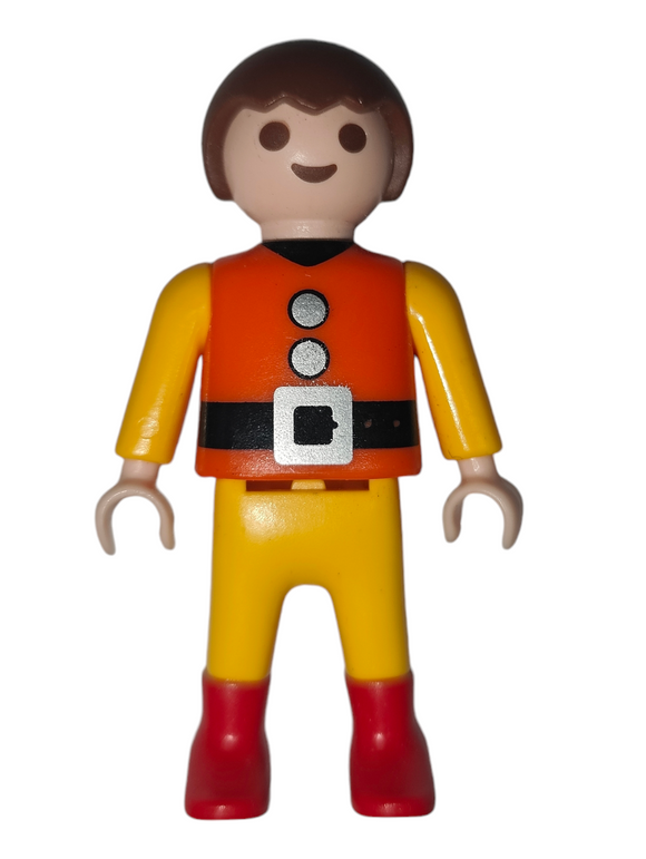 Playmobil Child boy, orange shirt with black belt and big buckle, red shoes