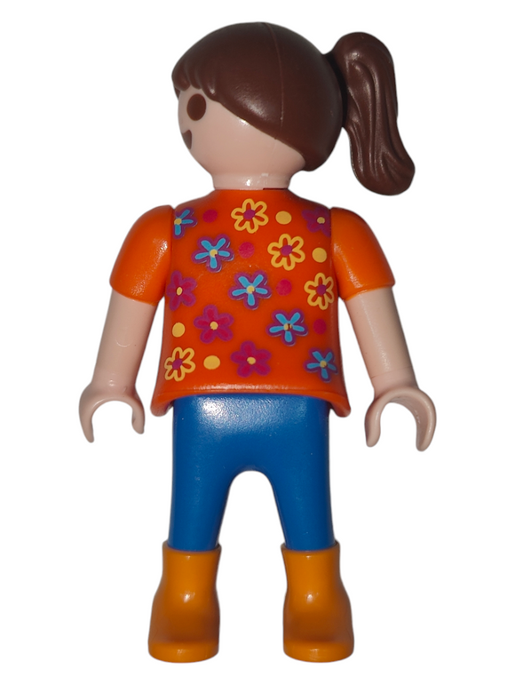 Playmobil 30 11 2300 Child girl, brown ponytail, orange dress with flower print 5024 , 5126